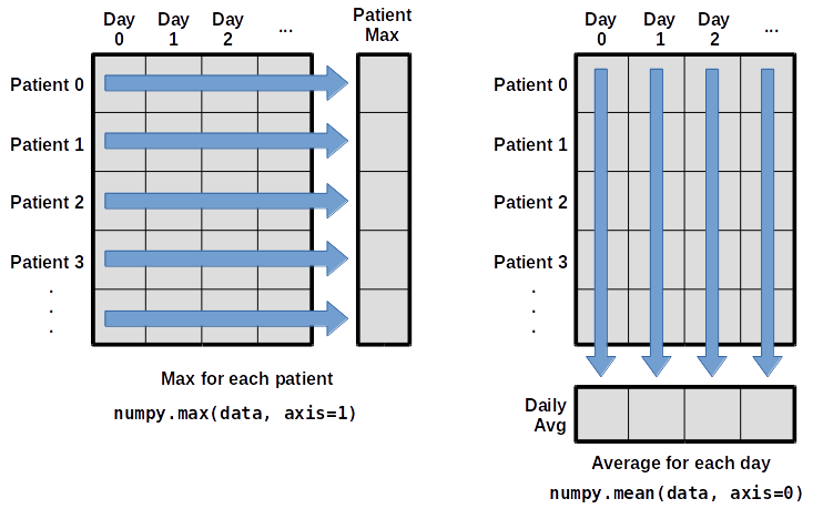 Per-patient maximum inflammation is computed row-wise across all columns usingnumpy.amax(data, axis=1). Per-day average inflammation is computed column-wise across all rows usingnumpy.mean(data, axis=0).